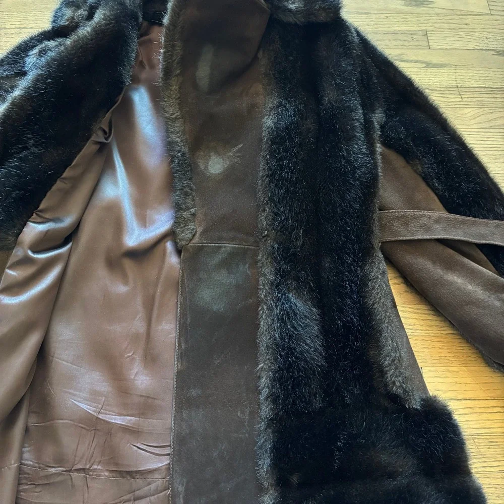 Vintage Rosewin Tissavel Brown Faux Fur Suede Belted Mid Coat Jacket Womens M‎ L